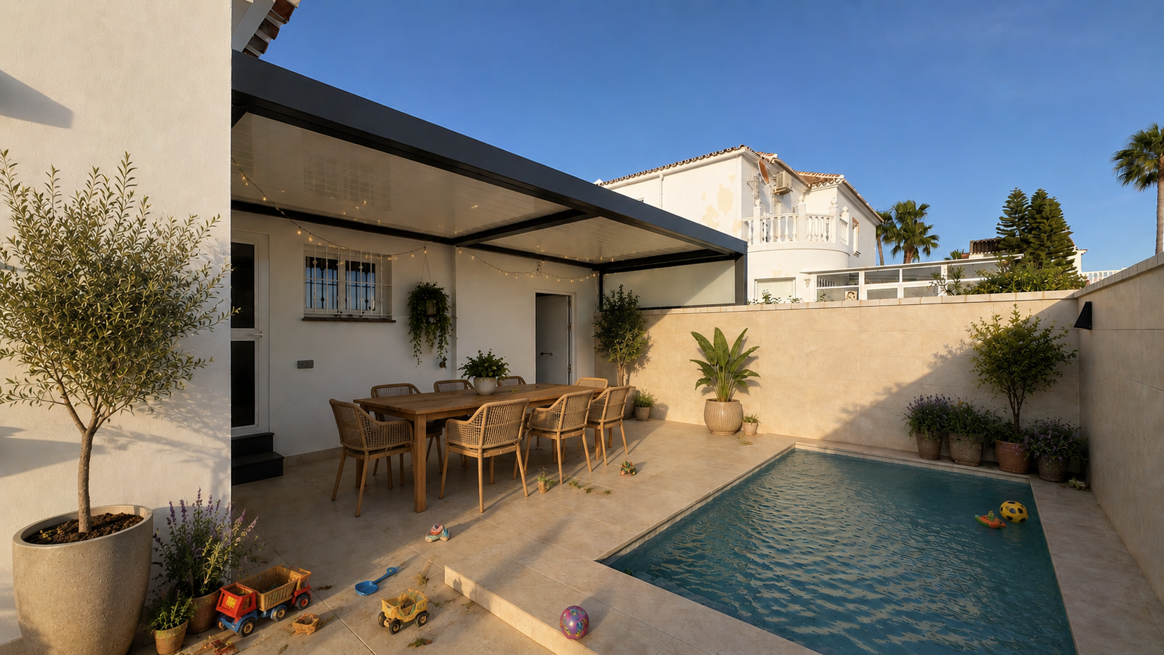 Pérgola bioclimática junto a piscina y comedor exterior en la Costa del Sol