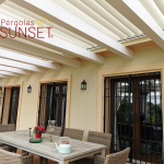 Pergola integrated into an outdoor dining area with carefully positioned supports