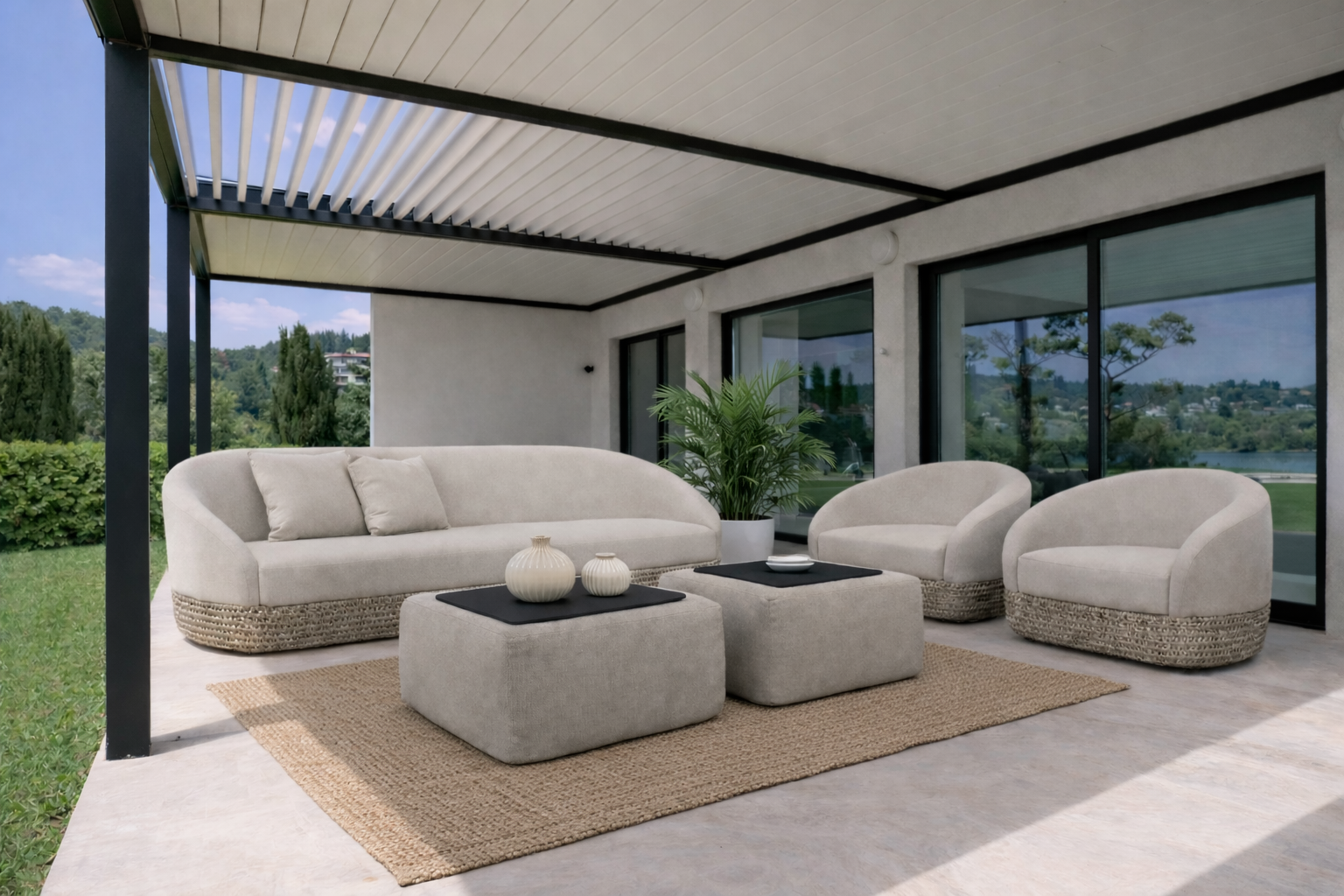 Bioclimatic pergola with adjustable aluminium louvres covering a premium outdoor lounge